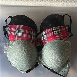 PINK Victoria's Secret Black, Red, and Green Bras